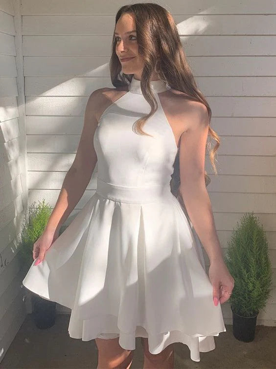 White princess satin pleated backless sleeveless short mini back to school dress
