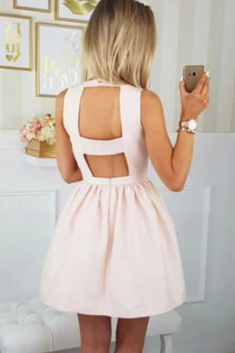 Unique V-neck satin back to school short ball dress with backless design