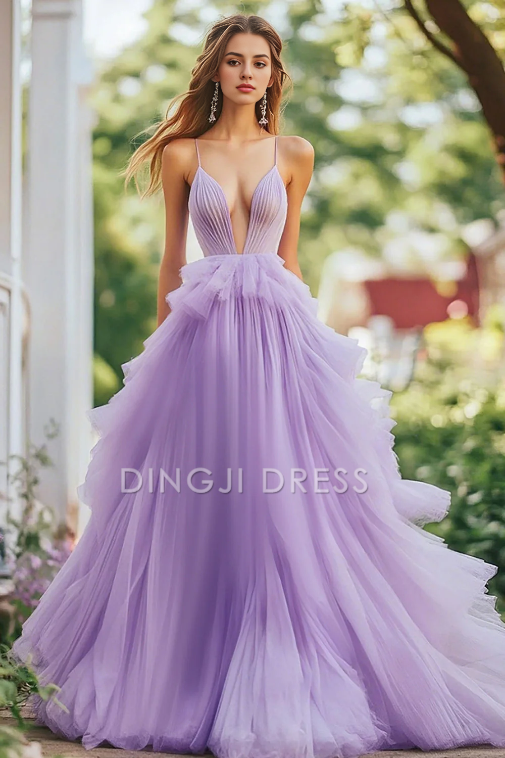 DingJiDress High Quality Dress Fantastic A Line Deep V Neck Tulle Ruffled Spaghetti Straps Long Prom Dress
