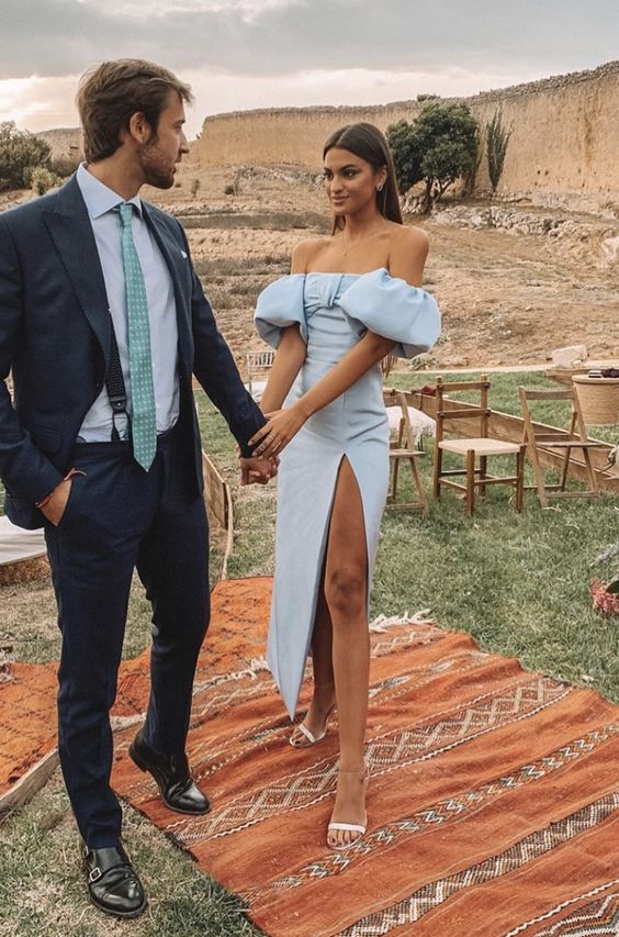 Elegant and fashionable off shoulder long slit ball gown