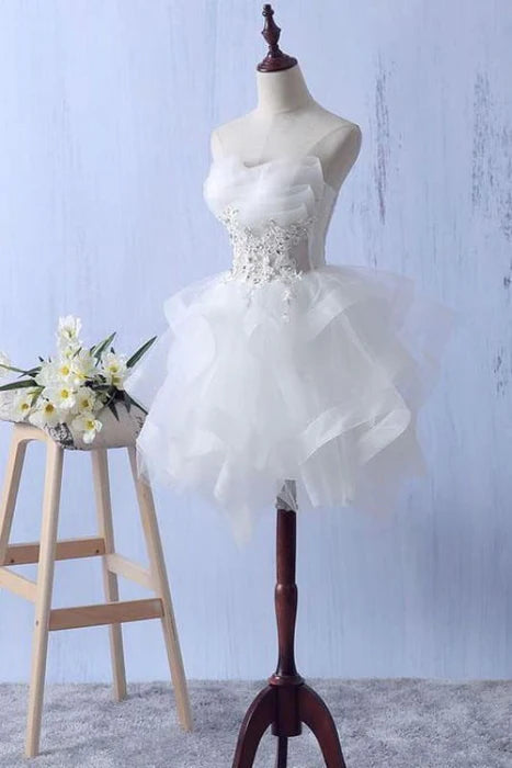 Mini Ruffles Strapless Short Homecoming Lace Appliques Graduation Dress
