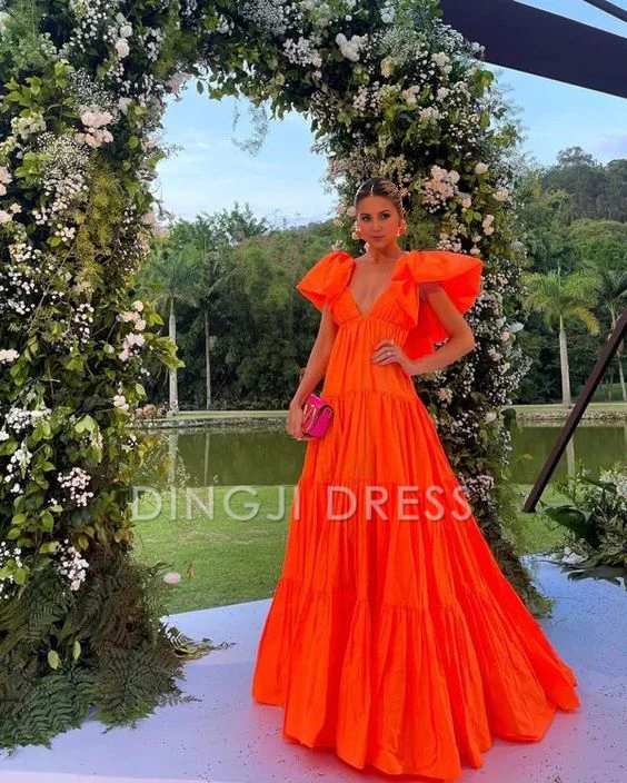DingJiDress A-Line Deep V Neck Short Sleeves Pleated Long Exquisite Adoration Prom Dress