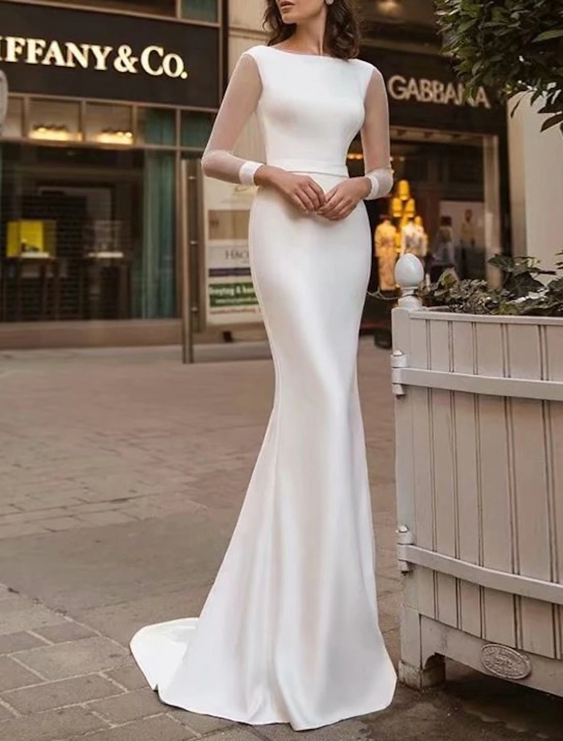 Reception Royal Style Simple Wedding Dresses Mermaid Scoop Neck Long Sleeve Sweep / Brush Train Satin Bridal Gowns With Solid Color Summer Wedding Party dress to impress Fall Wedding