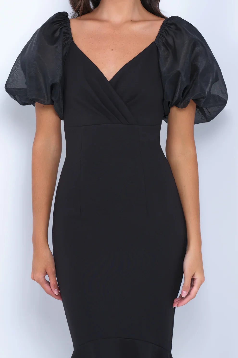 DingJiDress New Pattern Wedding Guest Dress Mermaid V-Neckline Zip-up Back Charming Puff Sleeve Ruffled Hem Black Formal Dress Evening Dress