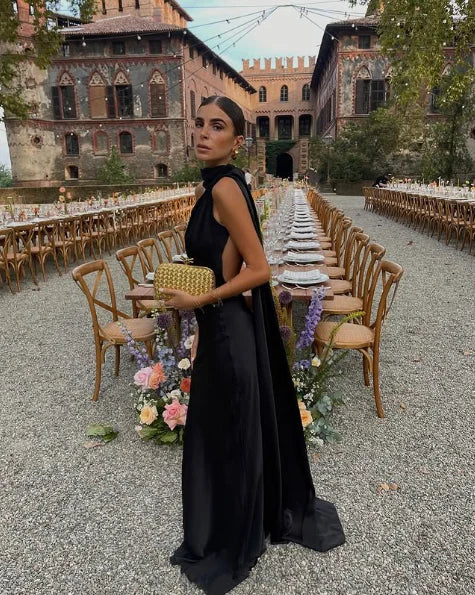 Long neck hanging ball gown and evening gown