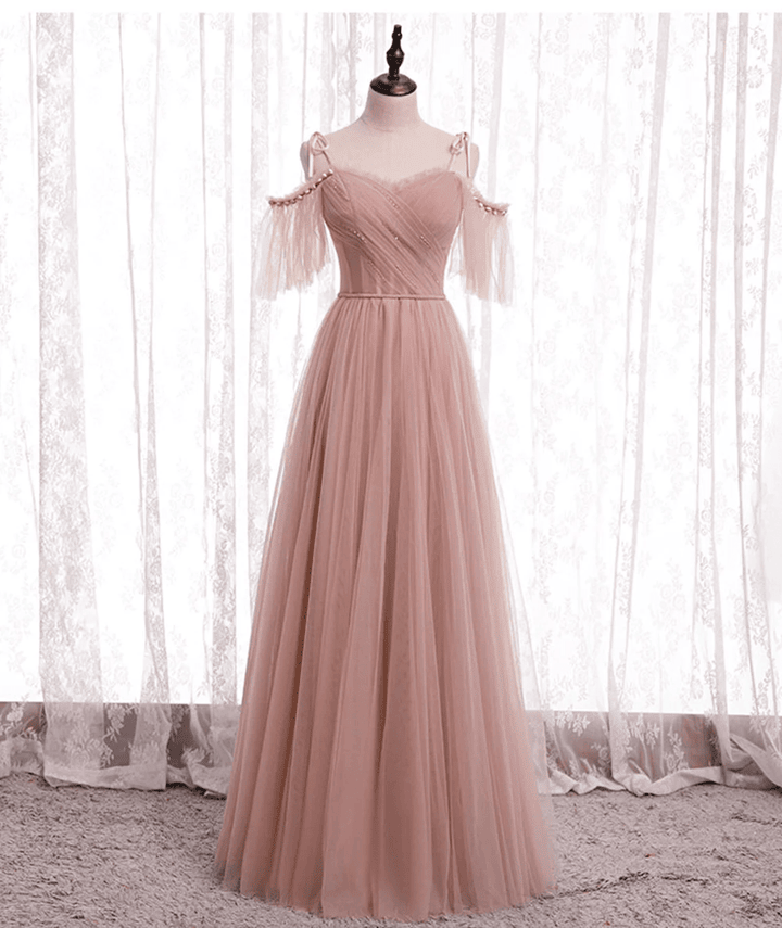 Pink Tulle Simple A-line Long Wedding Party DressesPink Formal Dresses