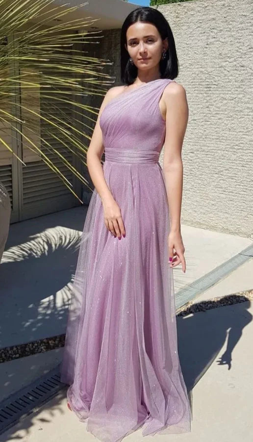 Shiny One Shoulder Purple Long Prom Dresses, Sparkly Purple Formal Evening Dresses Bridesmaid dress