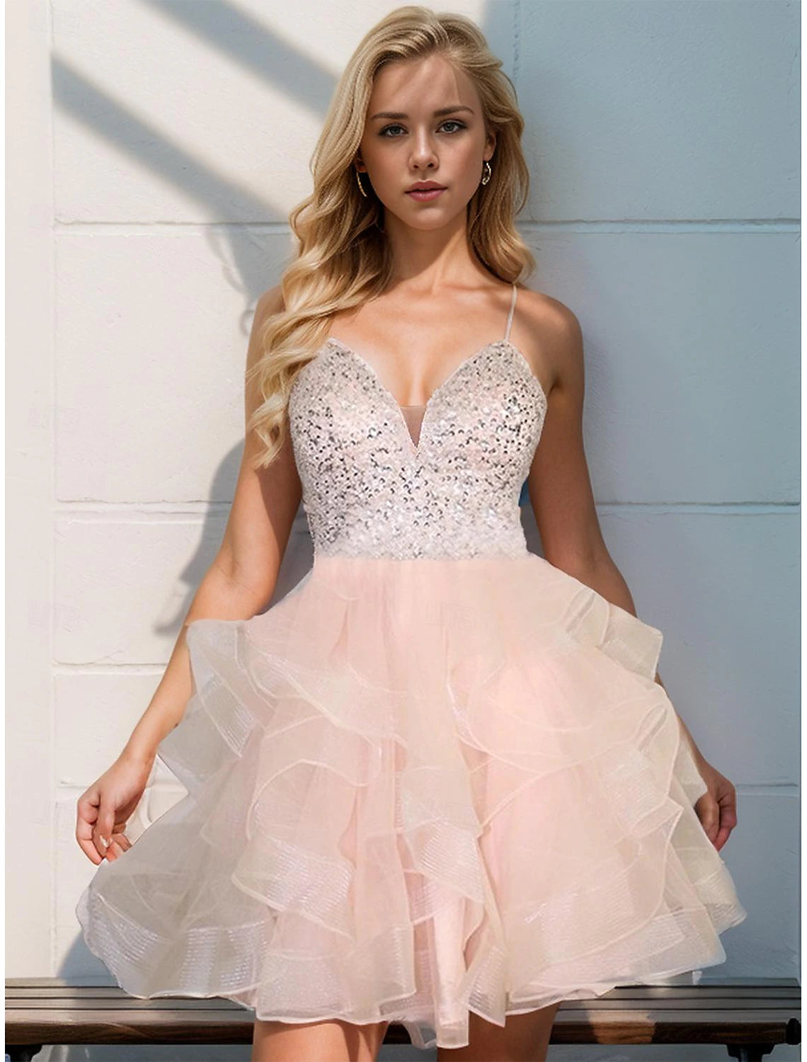 A-Line Homecoming Dresses Open Back Dress Wedding Graduation Short / Mini Sleeveless Spaghetti Strap Pink Dress Organza with Sequin