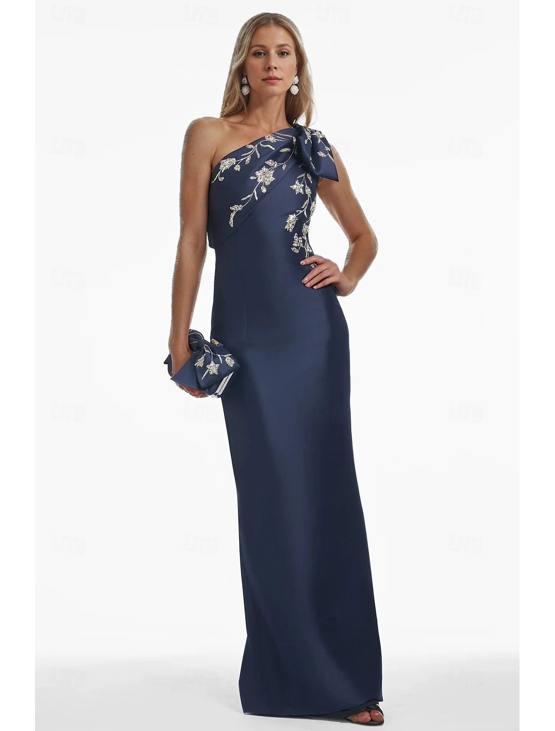 Embroidered Navy Floral Column Evening Gown Elegant Dress Formal Floor Length Sleeveless One Shoulder Satin with Glitter Bow Ruched