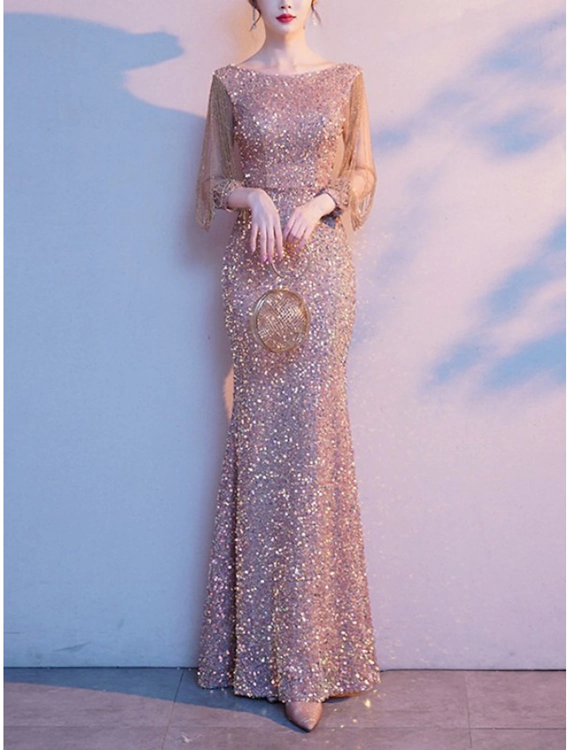 Sheath Evening Gown Elegant Sparkle & Shine Petite Jewel Neck Floor Length Sequined 3/4 Length Sleeve with Solid Color dress to impress