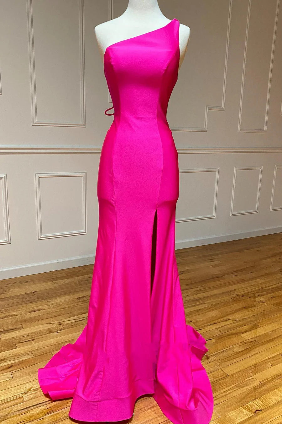 Elegant Neon Pink Mermaid  One-Shoulder Sleeveless Lace Up Floor-Length Long Prom Dresses