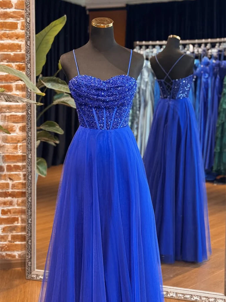 A-Line Sweetheart Neck Tulle Sequin Blue Long Prom Dress Blue Long Formal Dress