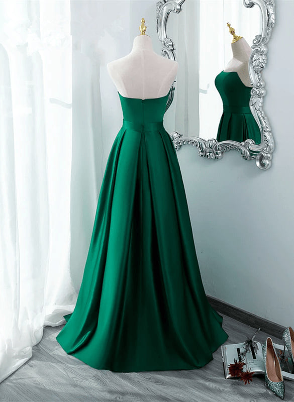 Green Satin Simple Long Party Dress with Leg SlitGreen A-ine Junior Prom Dress