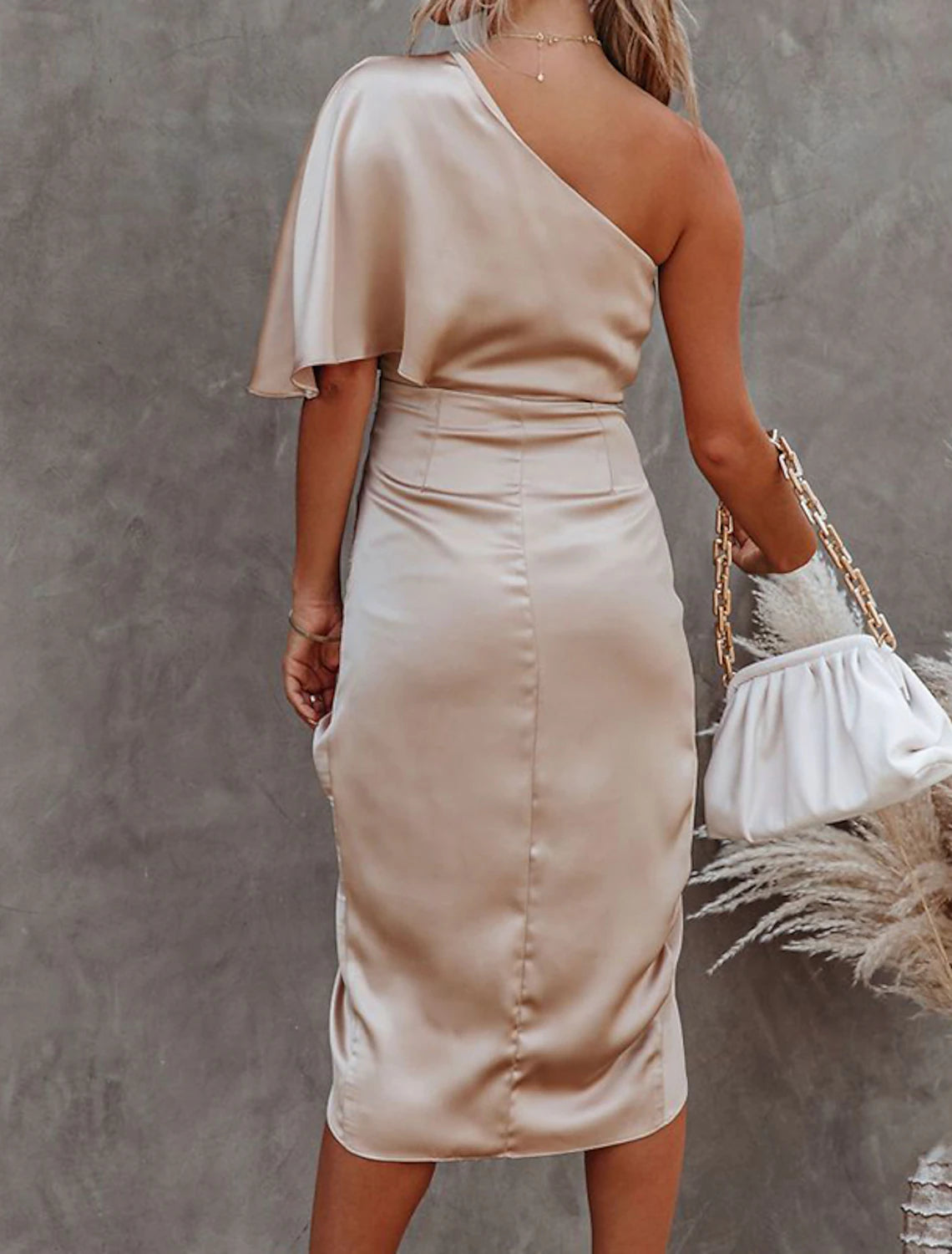 Women's Midi Dress Party Dress Cocktail Dress Satin Dress Semi Formal Dress Fashion Party Stylish Formal Vacation Office Regular Fit Pure Color Short Sleeve One Shoulder Black Gold Dark Blue Spring