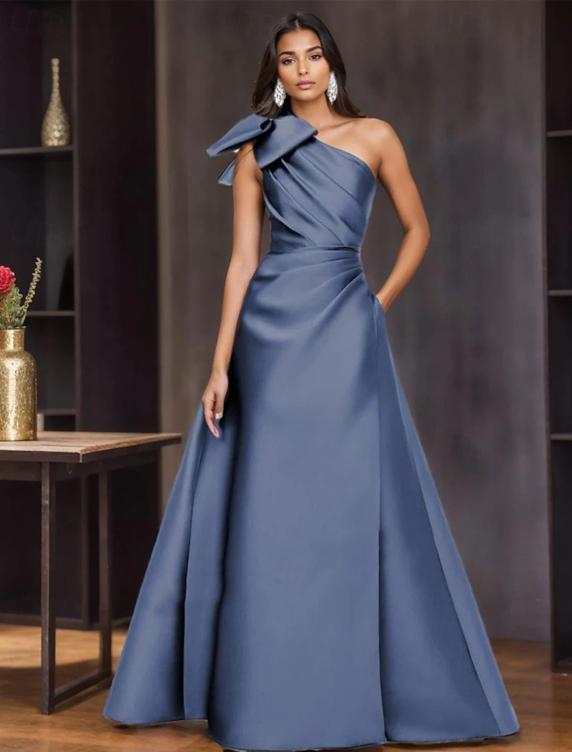 A-Line Evening Gown Elegant Dress Formal Evening Party Floor Length Sleeveless One Shoulder Satin with Bow(s) Pleats  ﻿