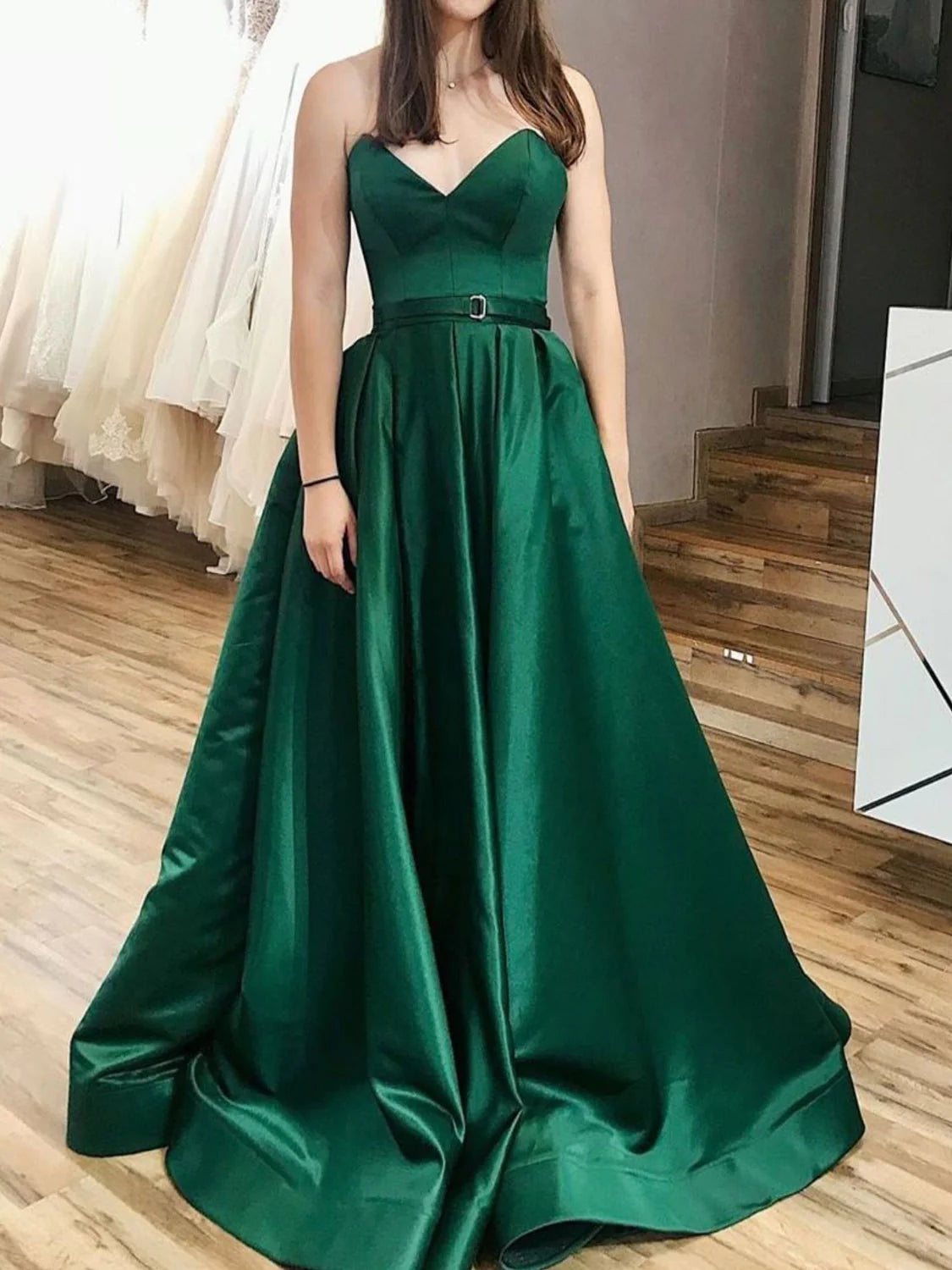Simple A line satin long prom dress satin evening dress