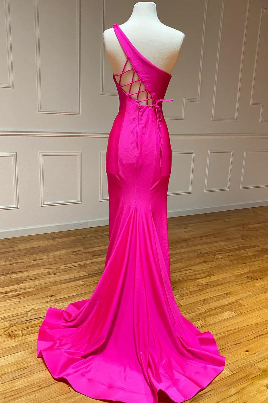 Elegant Neon Pink Mermaid  One-Shoulder Sleeveless Lace Up Floor-Length Long Prom Dresses