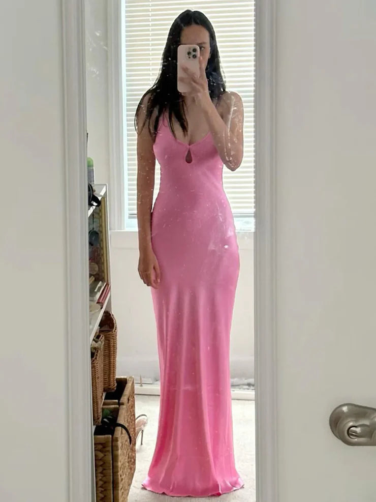 V Neck Pink Satin Long Prom Dress