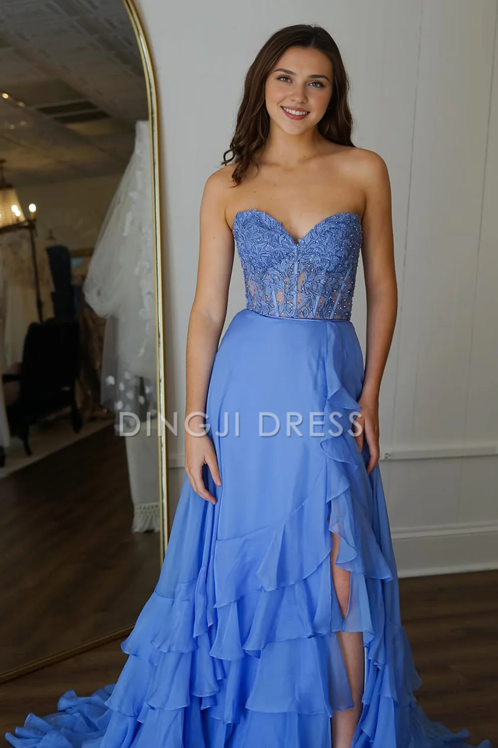 DingJiDress Lovely A-Line Sweetheart Lace Top Chiffon With Ruffle Elegant Prom Dress