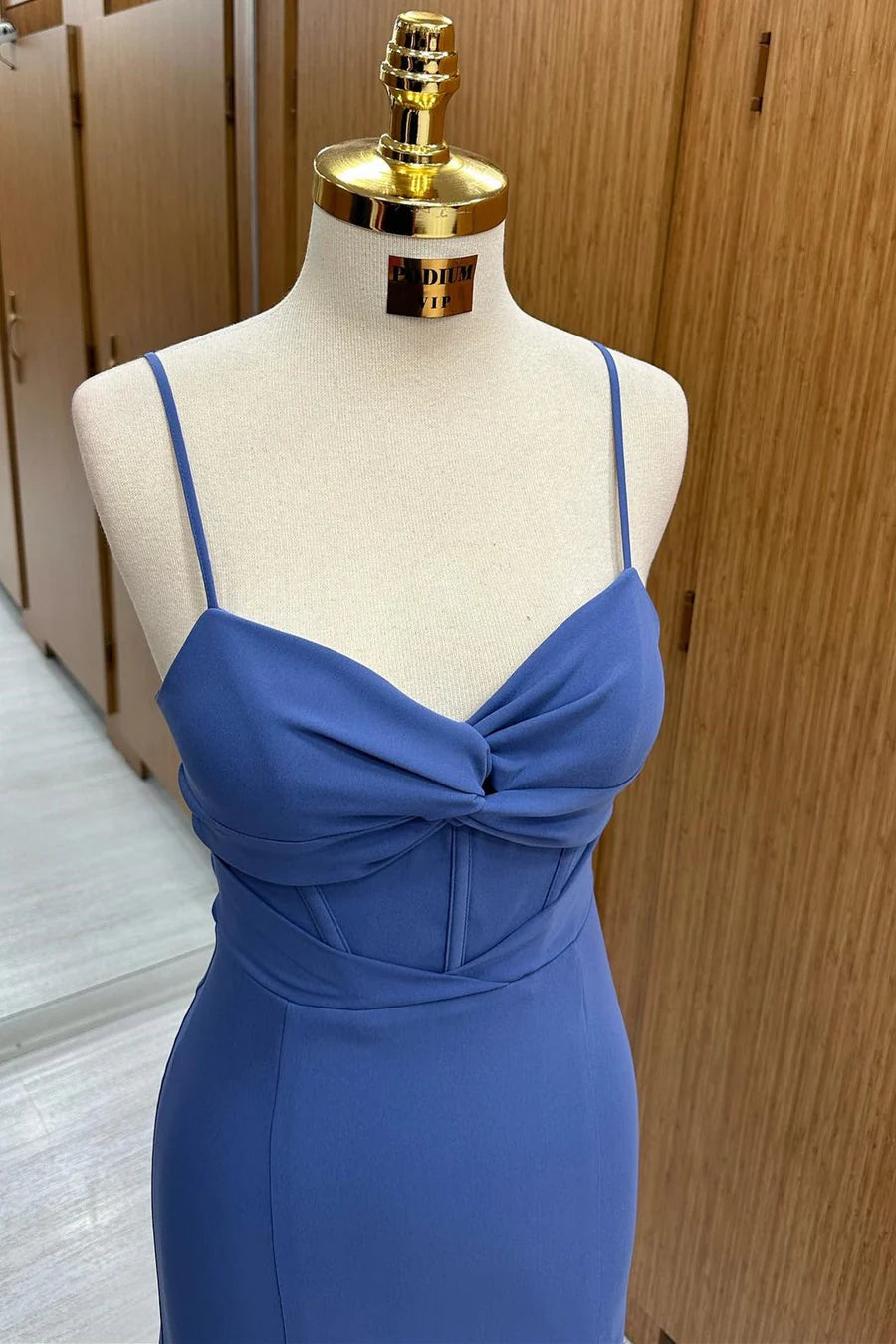 Navy blue twisted front long formal dress with thin shoulder straps