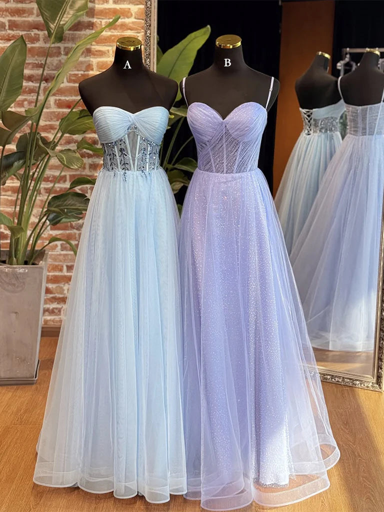 A-Line Sweetheart Neck Tulle Long Prom Dress Blue Long Formal Dress