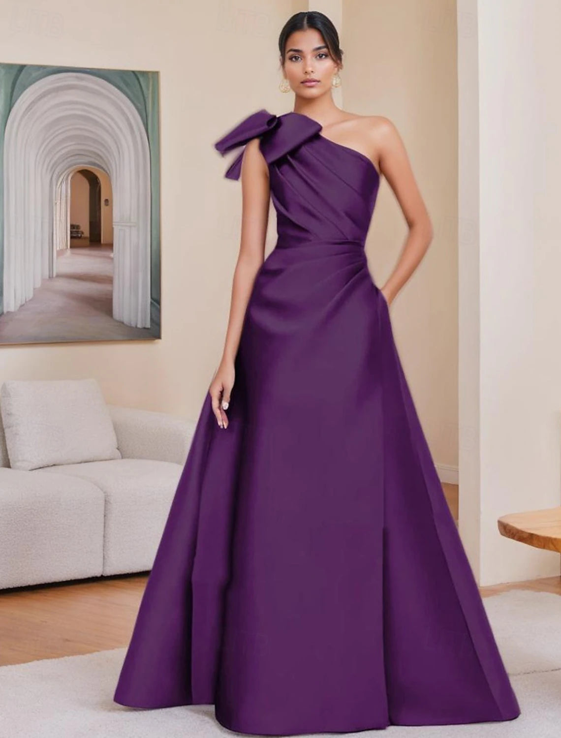 A-Line Evening Gown Elegant Dress Formal Evening Party Floor Length Sleeveless One Shoulder Satin with Bow(s) Pleats  ﻿