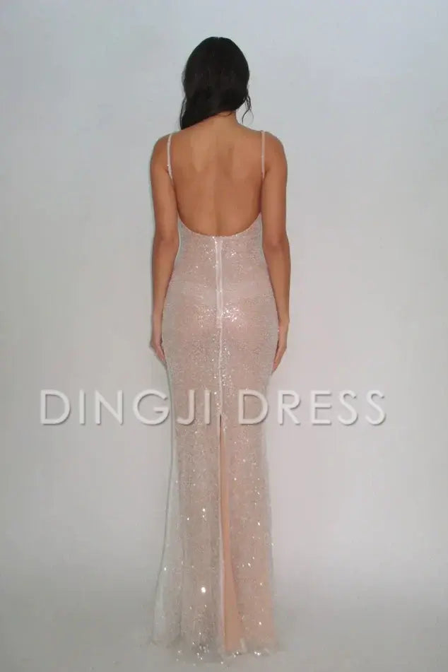 DingJiDress Bling Sheath Spaghetti Straps Sequins Backless Long Charming Prom Dress