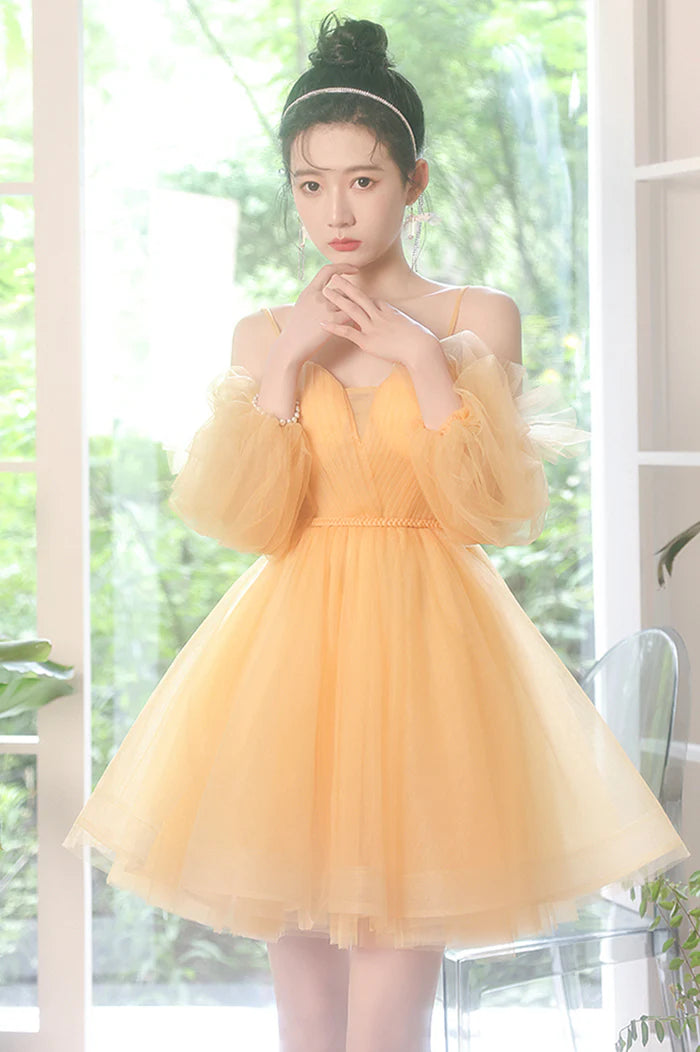 Yellow Tulle Short A-Line Prom Dress Yellow Homecoming Party Dress ﻿