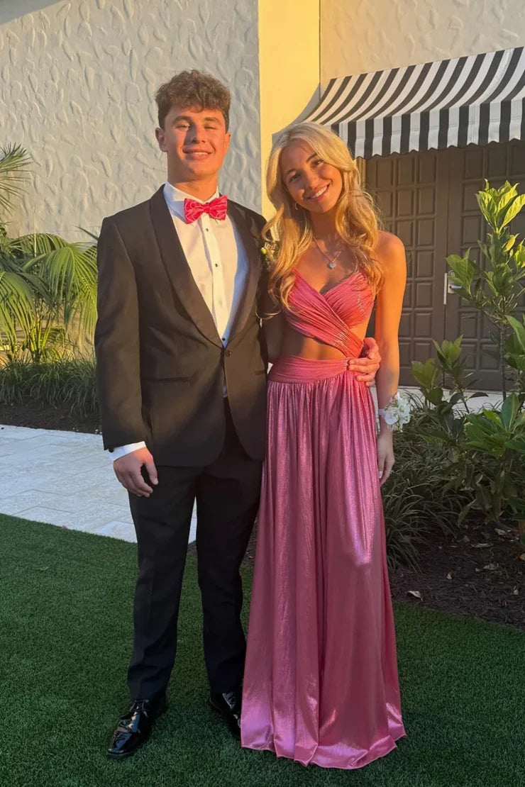 A Line V Neck Pink Metallic Satin Long Prom Dress