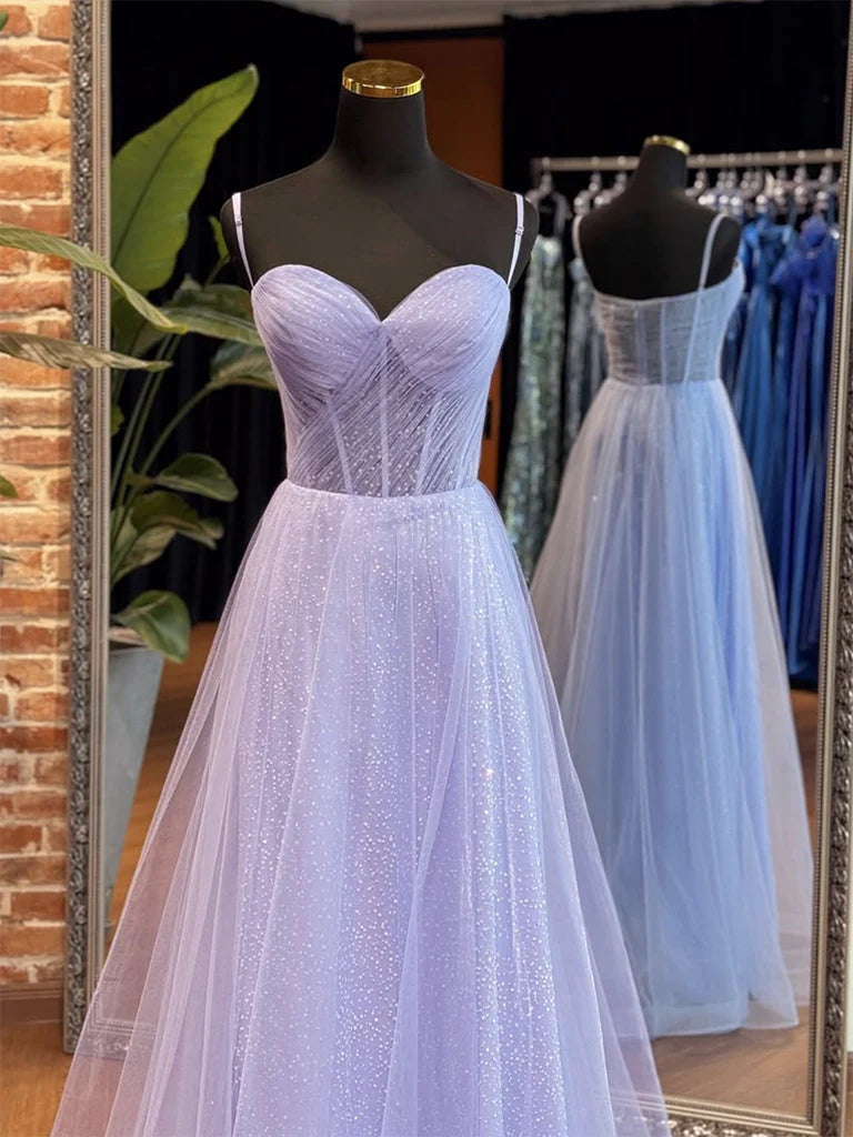 A-Line Sweetheart Neck Tulle Long Prom Dress Blue Long Formal Dress