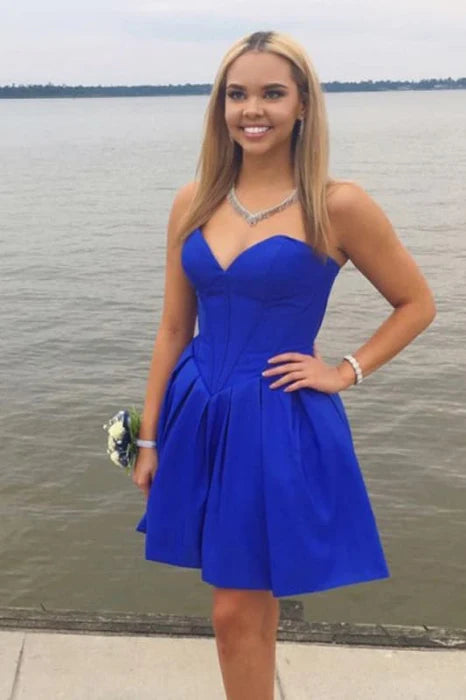 Royal Blue Strapless Sweetheart Homecoming Simple A Line Short Graduation Dress