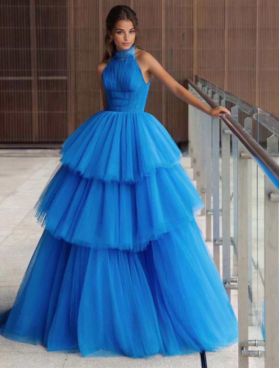A-Line Prom Tiered Dresses Party Dress Evening Party Cocktail Party Floor Length Sleeveless Halter Neck Polyester with Pleats Beading