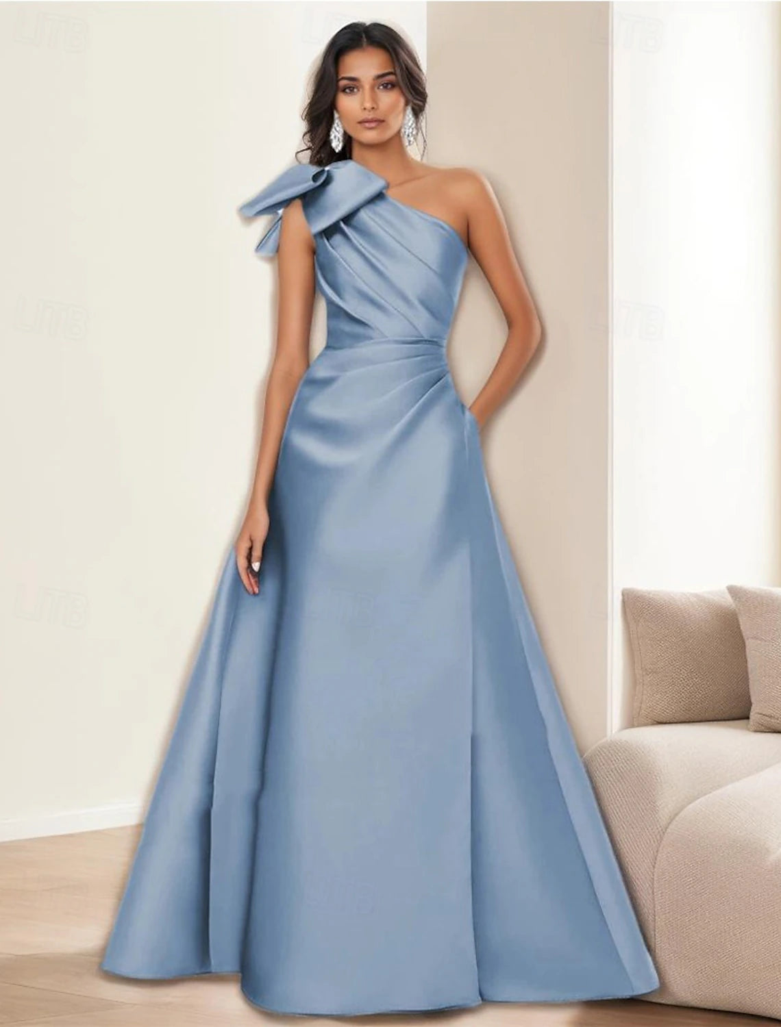 A-Line Evening Gown Elegant Dress Formal Evening Party Floor Length Sleeveless One Shoulder Satin with Bow(s) Pleats  ﻿