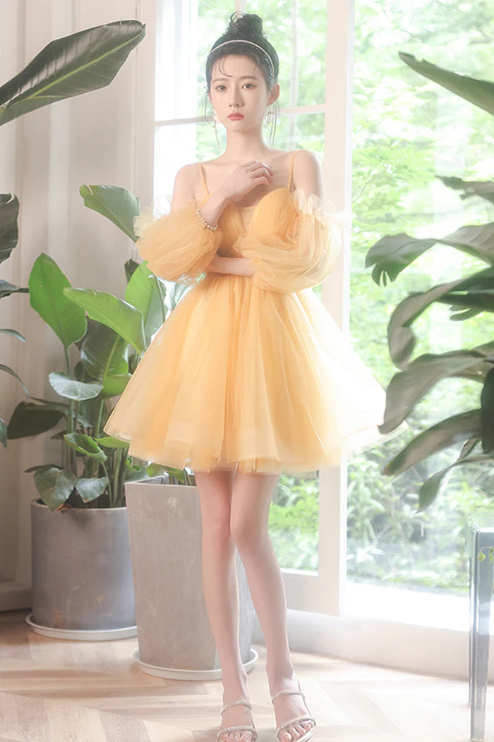 Yellow Tulle Short A-Line Prom Dress Yellow Homecoming Party Dress ﻿