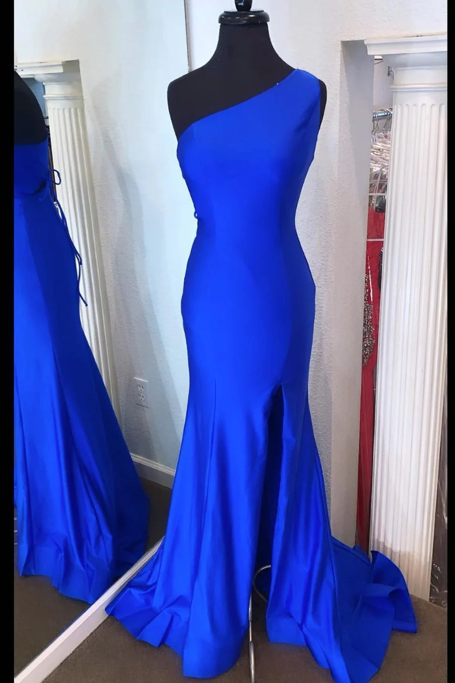 Elegant Neon Pink Mermaid  One-Shoulder Sleeveless Lace Up Floor-Length Long Prom Dresses