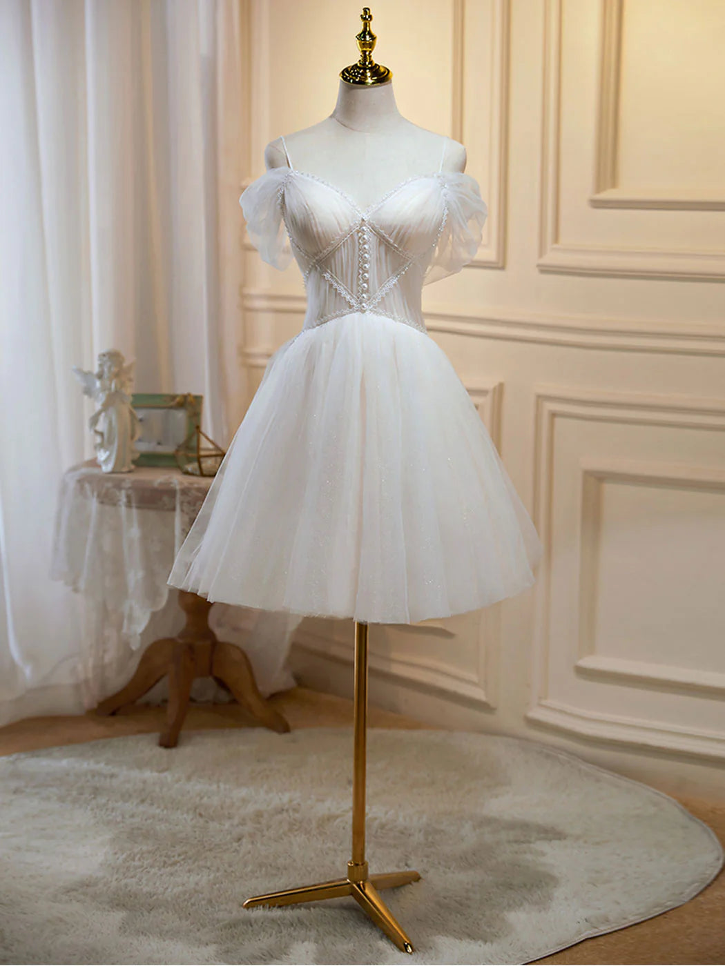 A line off shoulder mini beige prom dress short beige homecoming dress