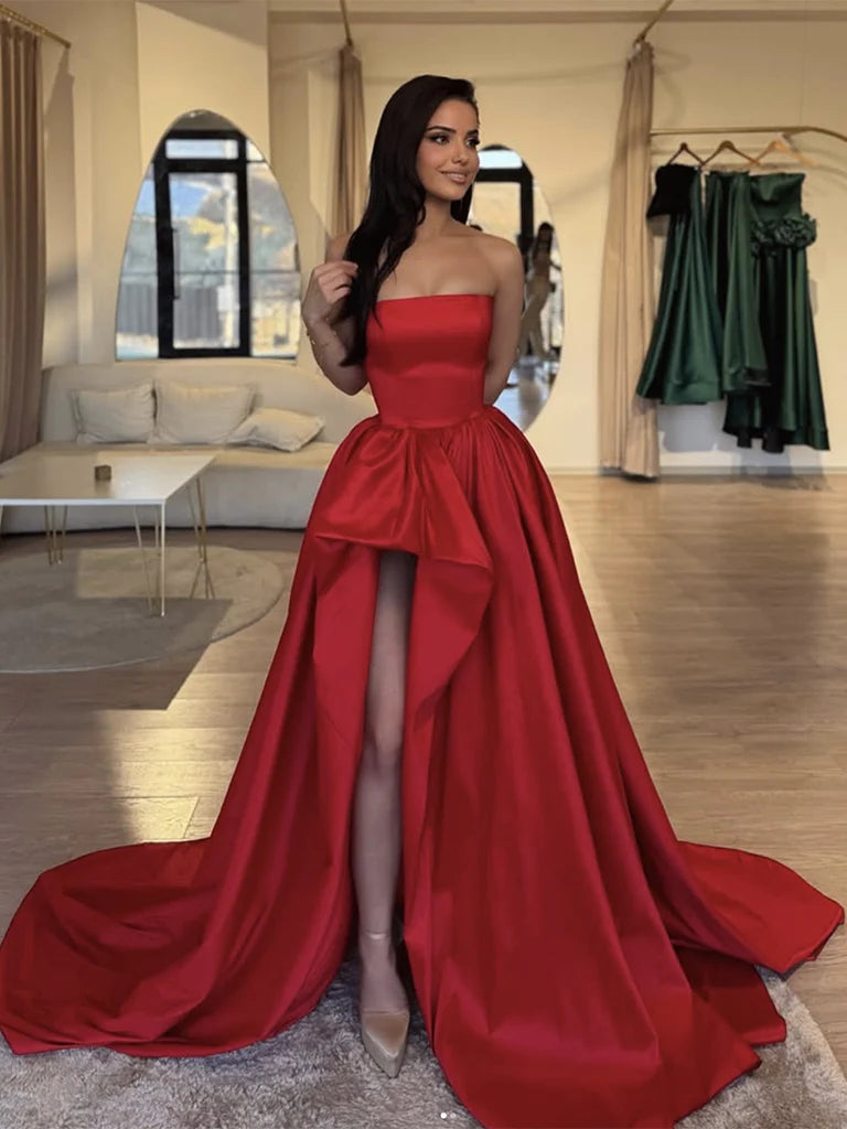 A-Line Red Satin Long Prom Dress Red Long Formal Dress