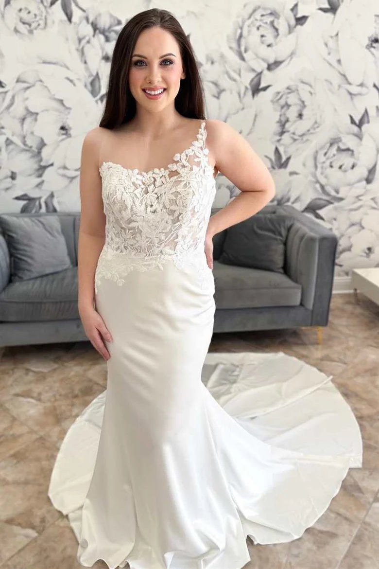 Asymmetrical White Floral Lace Mermaid Long Wedding Dress