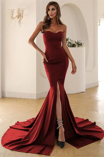 Burgundy Strapless Side Slit Mermaid Long Evening Dress