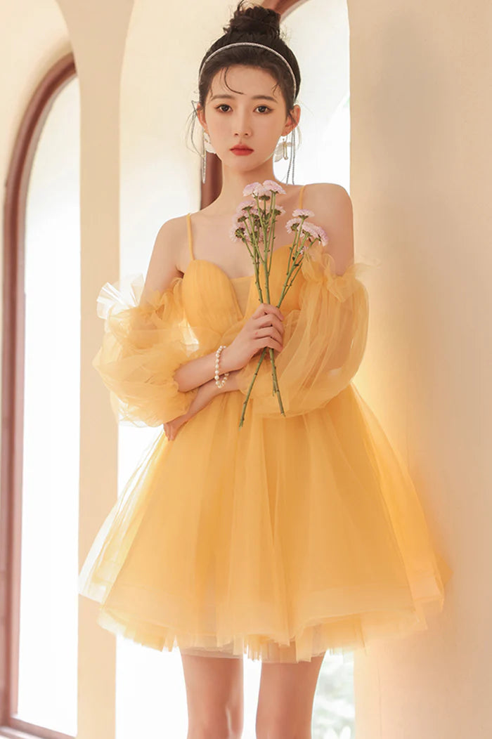 Yellow Tulle Short A-Line Prom Dress Yellow Homecoming Party Dress ?