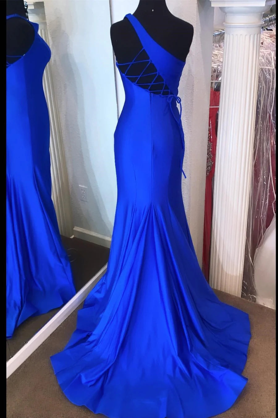 Elegant Neon Pink Mermaid  One-Shoulder Sleeveless Lace Up Floor-Length Long Prom Dresses