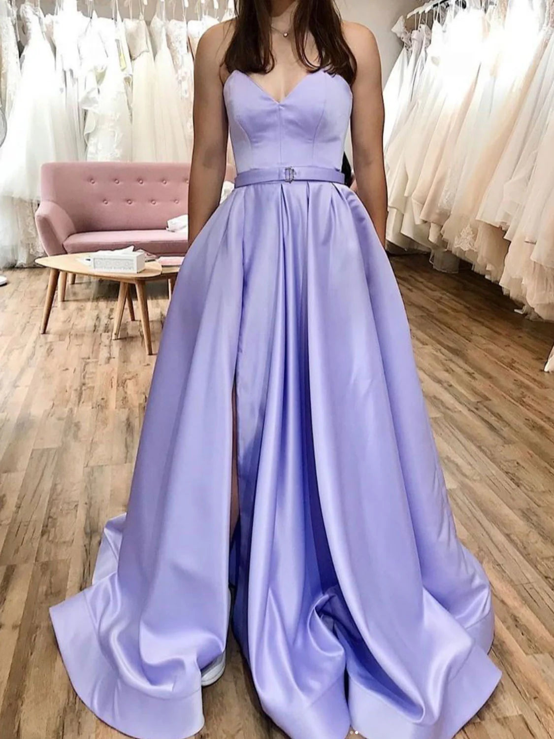 Simple A line satin long prom dress satin evening dress