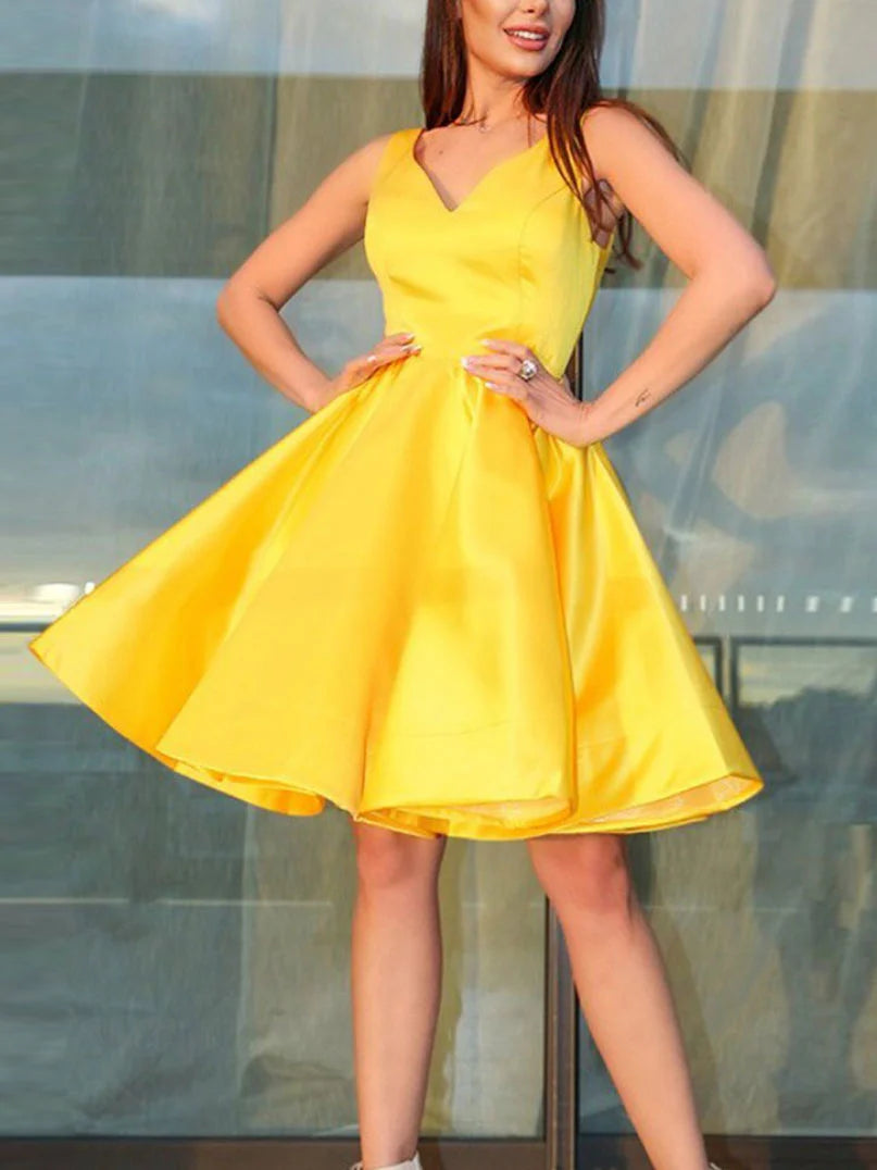 Simple v neck yellow short prom dress yellow homecoming dress