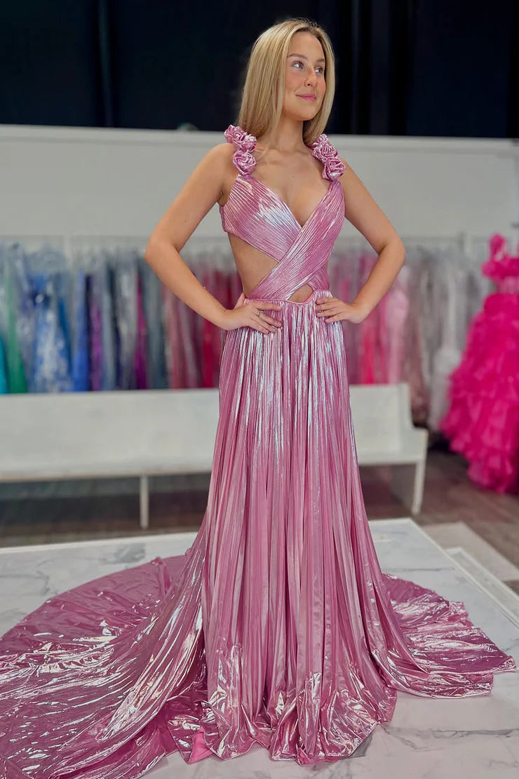 A Line V Neck Pink Pleat Metallic Satin Long Prom Dress
