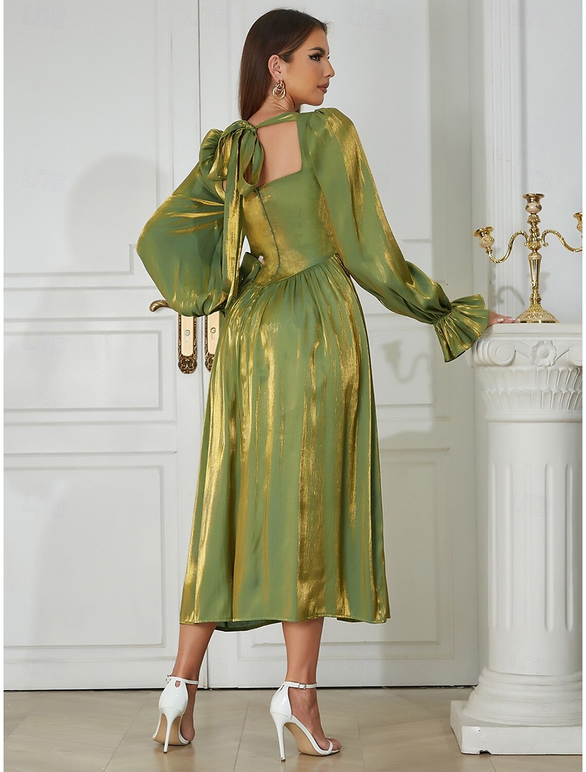 A-Line Cocktail Dresses Party Dress Evening Party Cocktail Party Tea Length Bubble Sleeve Square Neck Silky Touch with Ruched