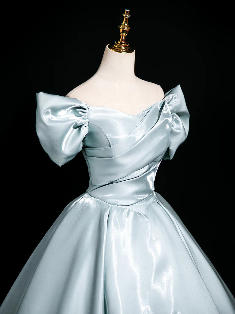 A-Line V Neck Satin Blue Long Prom Dress Blue Long Formal Dress