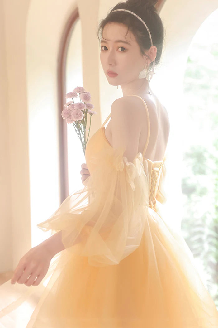 Yellow Tulle Short A-Line Prom Dress Yellow Homecoming Party Dress ?