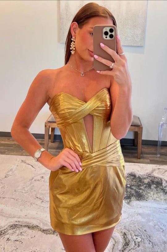 DingJiDress Homecoming Dress Strapless Keyhole Metallic Pleated Tight