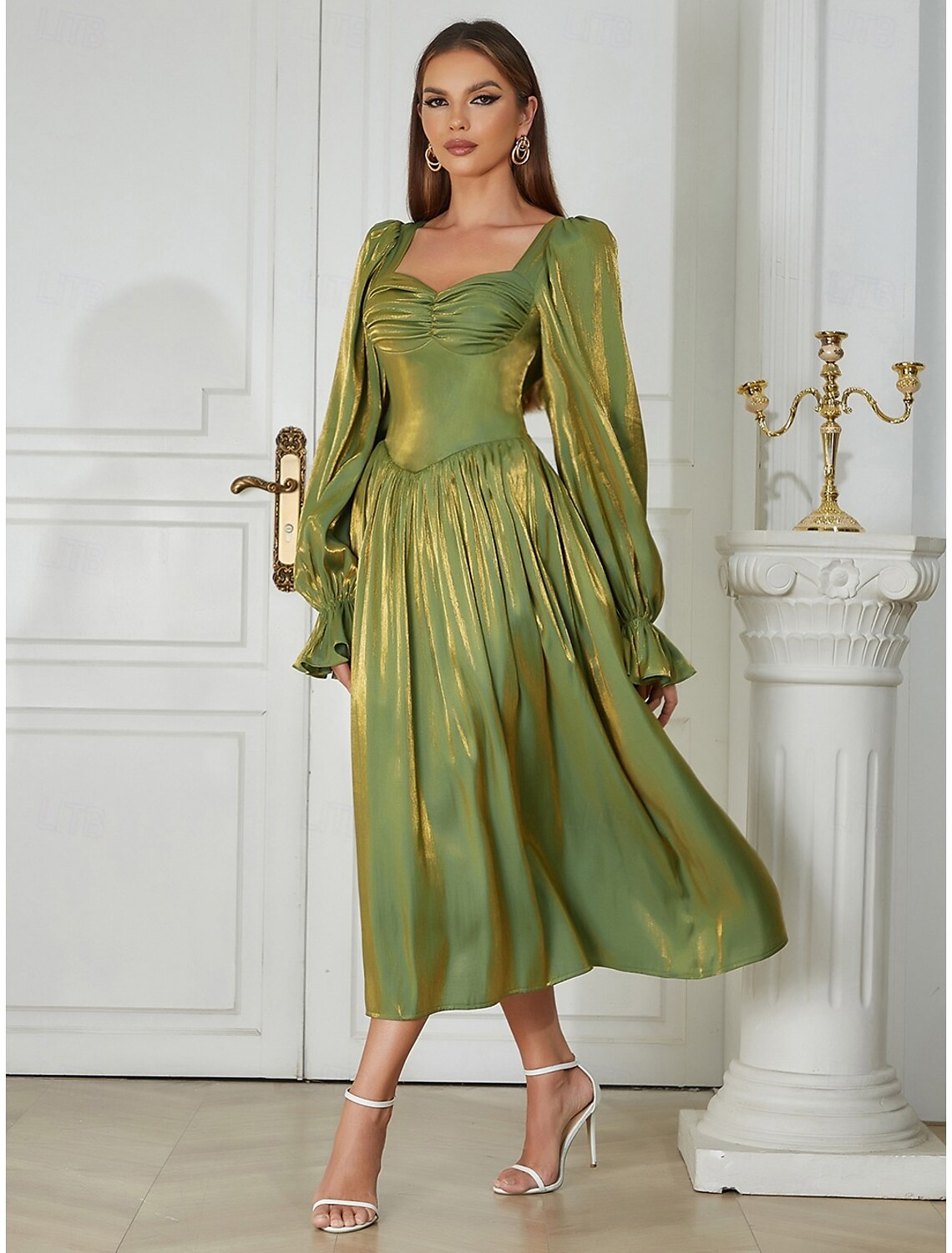 A-Line Cocktail Dresses Party Dress Evening Party Cocktail Party Tea Length Bubble Sleeve Square Neck Silky Touch with Ruched