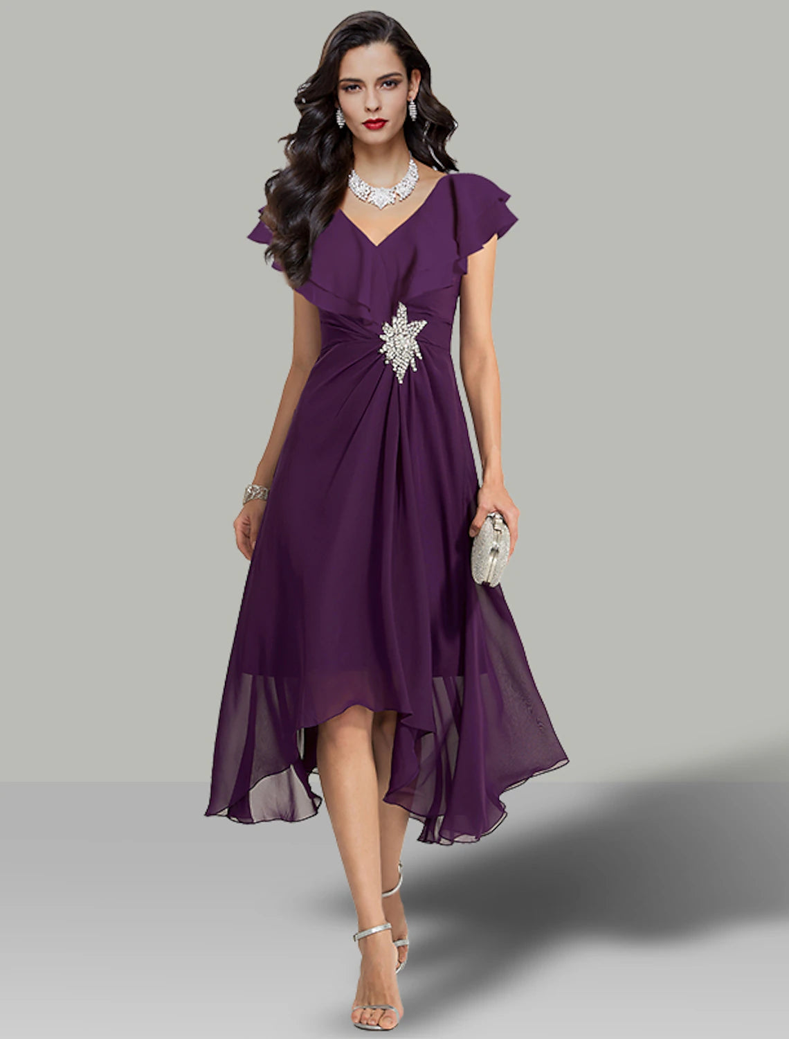 A-Line Wedding Guest Dresses Elegant Dress Cocktail Party Semi Formal Tea Length Short Sleeve V Neck Chiffon with Rhinestone